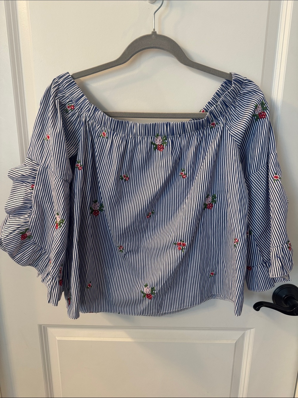 Timing Blue & White Striped Off-Shoulder Floral Blouse